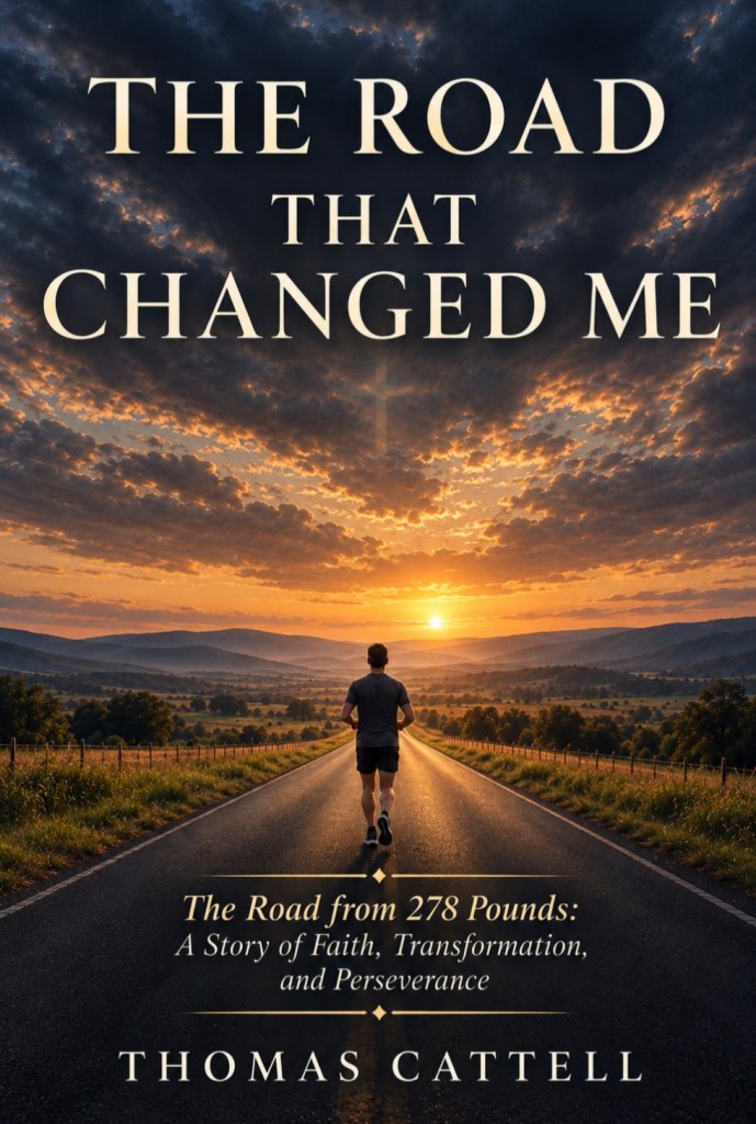 Book cover of The Road That Changed Me by Thomas Cattell, showing a runner on a road toward a sunset.
Copy